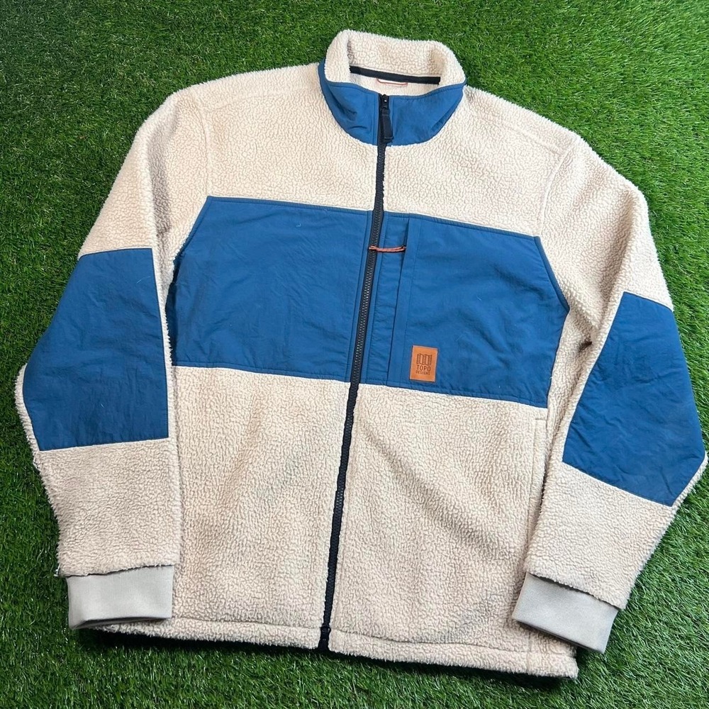 Topo Designs Sherpa Fleece Jacket Cream Blue Colorblock Full Zip Mens Large L